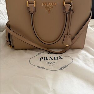 Prada Taupe Saffiano Leather Satchel with Gold Hardware